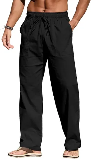 Men's Casual Linen Beach Pants, Drawstring Waist Loose Fit Trousers for Big Tall