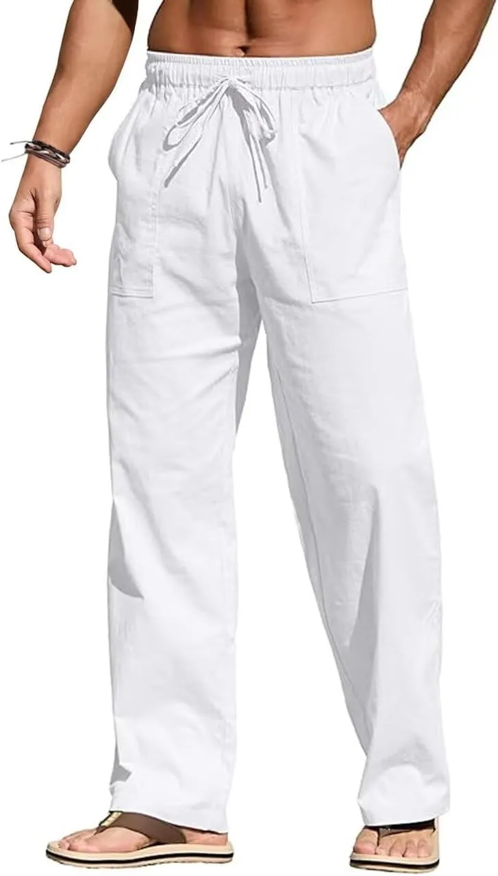 Men's Casual Linen Beach Pants, Drawstring Waist Loose Fit Trousers for Big Tall