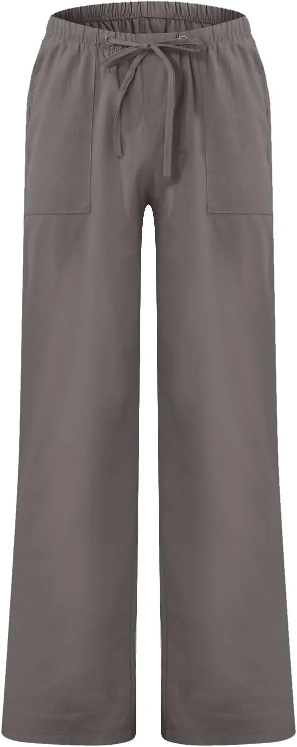 Men's Casual Linen Pants Lightweight Summer Beach Loose Fit Trousers with Pockets