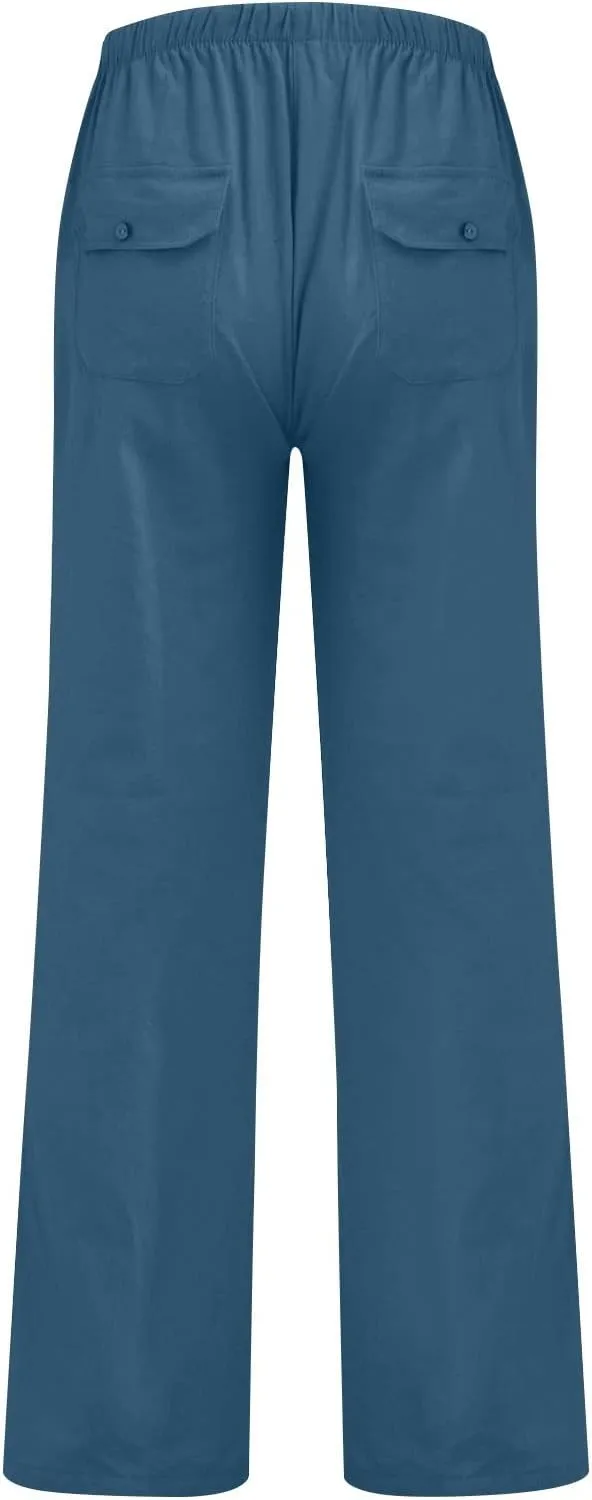 Men's Casual Linen Pants Lightweight Summer Beach Loose Fit Trousers with Pockets