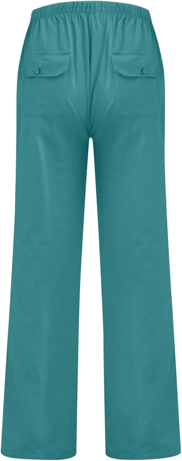 Men's Casual Linen Pants Lightweight Summer Beach Loose Fit Trousers with Pockets