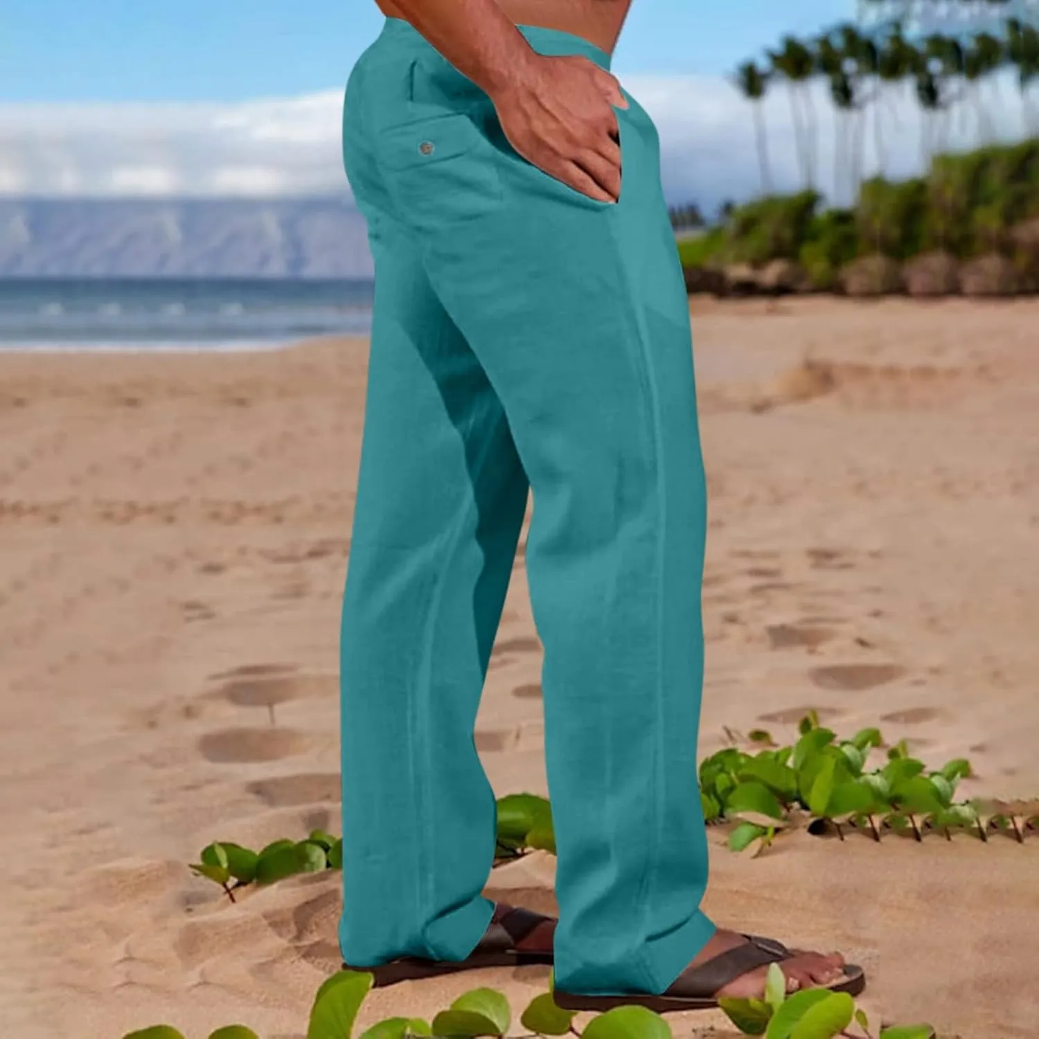 Men's Casual Linen Pants Lightweight Summer Beach Loose Fit Trousers with Pockets