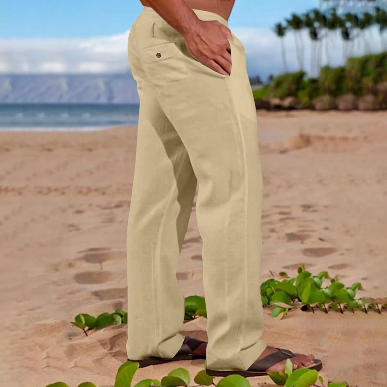 Men's Casual Linen Pants Lightweight Summer Beach Loose Fit Trousers with Pockets