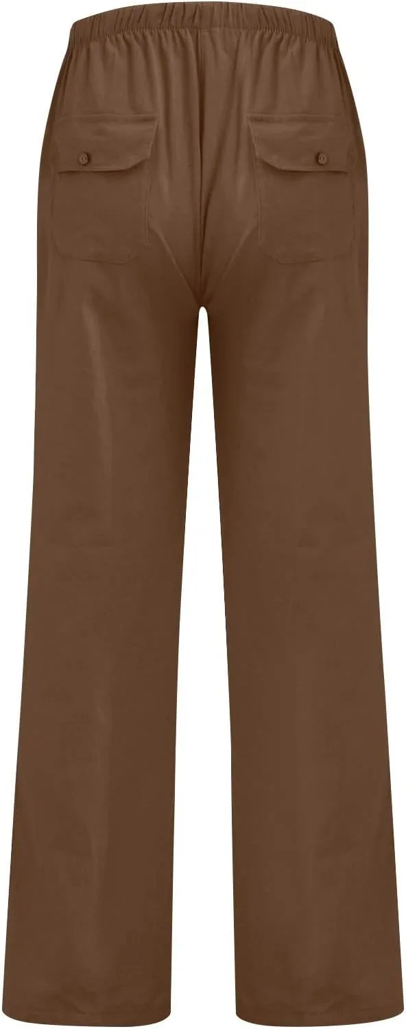 Men's Casual Linen Pants Lightweight Summer Beach Loose Fit Trousers with Pockets
