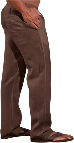 Men's Casual Linen Pants Lightweight Summer Beach Loose Fit Trousers with Pockets