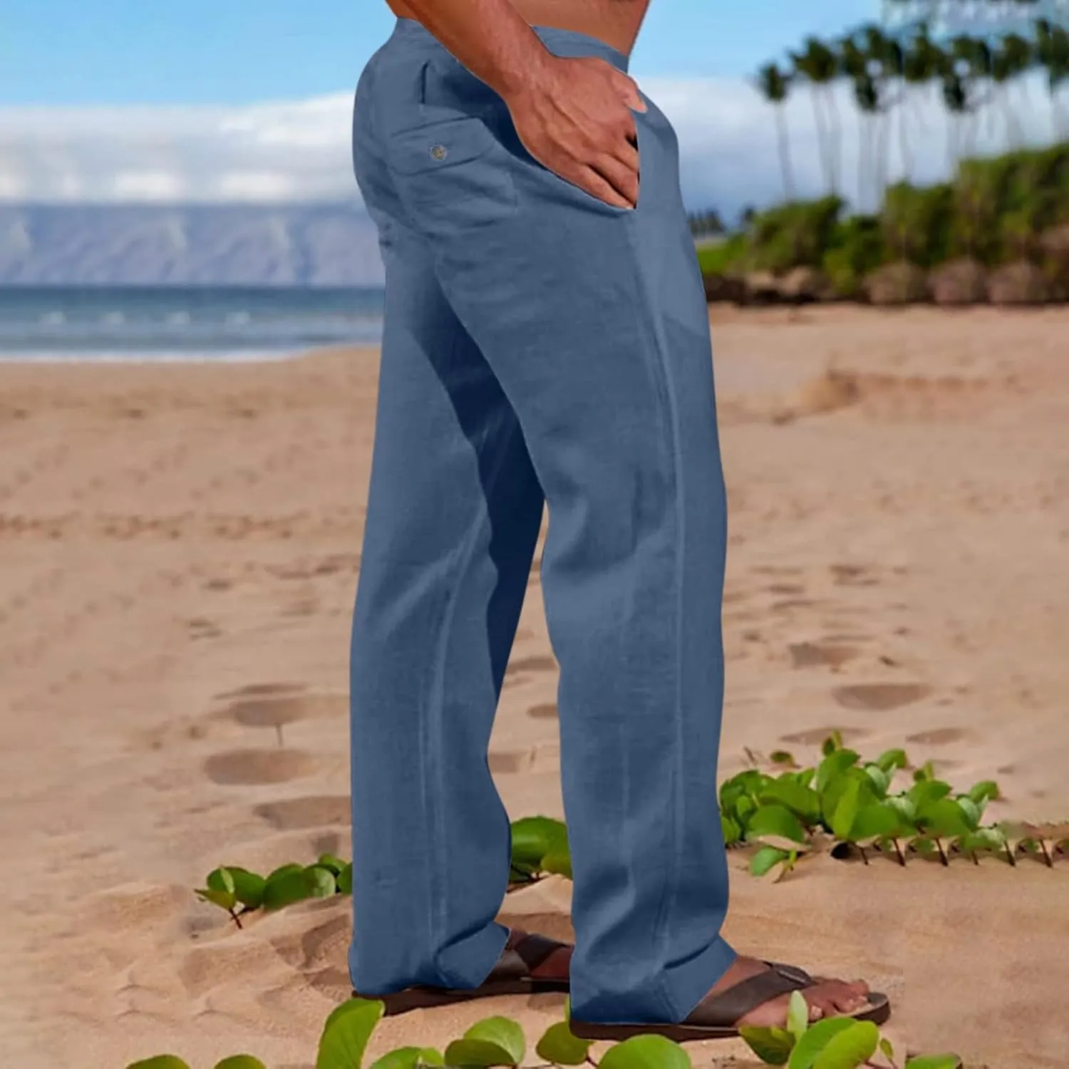 Men's Casual Linen Pants Lightweight Summer Beach Loose Fit Trousers with Pockets