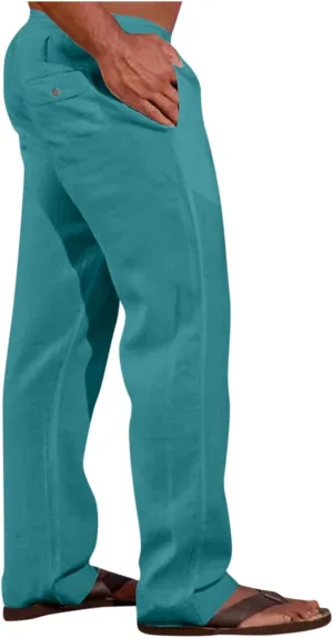 Men's Casual Linen Pants Lightweight Summer Beach Loose Fit Trousers with Pockets