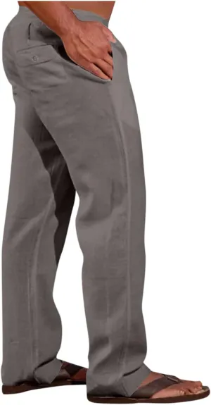 Men's Casual Linen Pants Lightweight Summer Beach Loose Fit Trousers with Pockets
