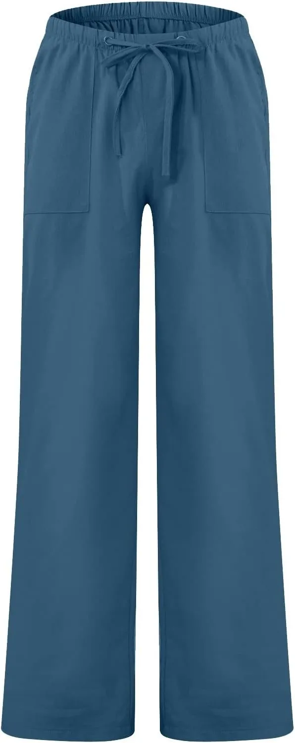 Men's Casual Linen Pants Lightweight Summer Beach Loose Fit Trousers with Pockets