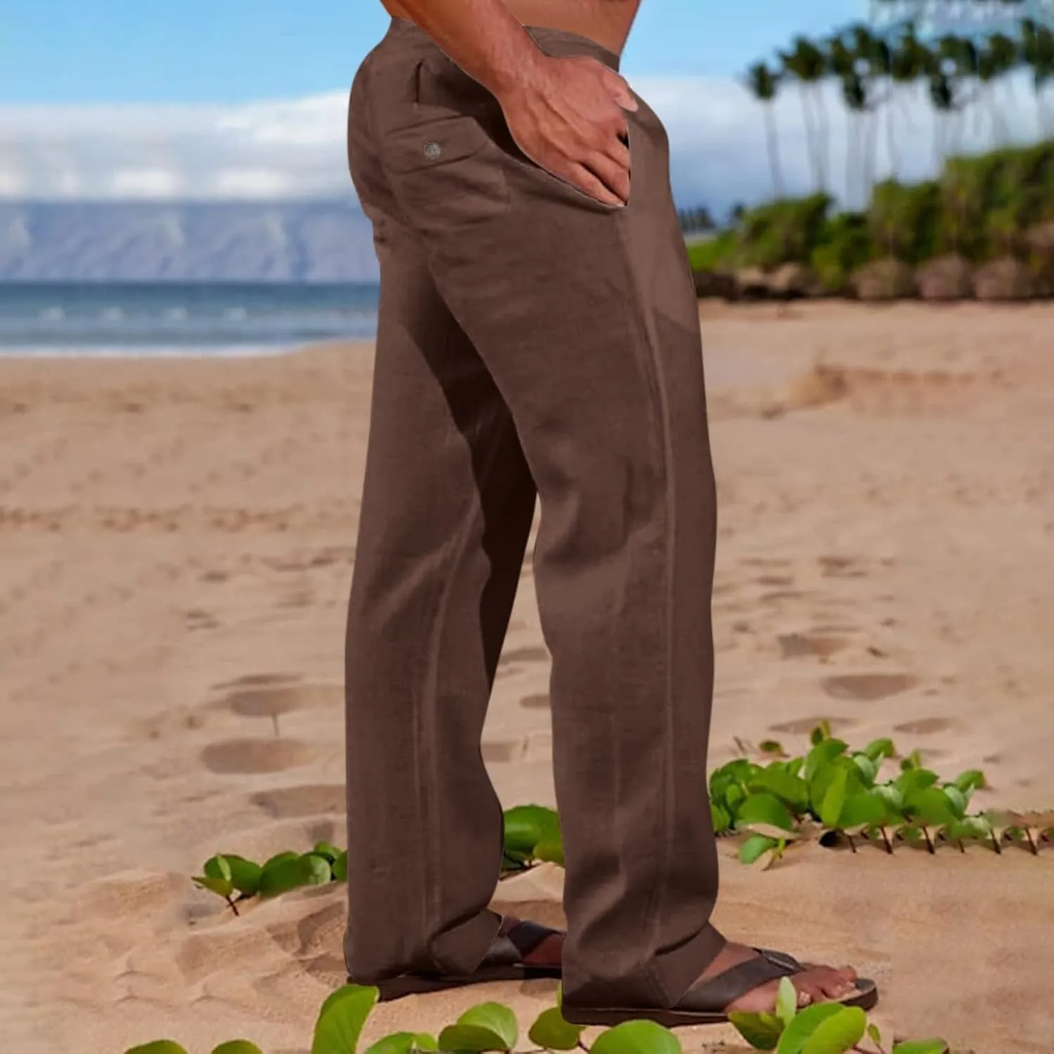 Men's Casual Linen Pants Lightweight Summer Beach Loose Fit Trousers with Pockets