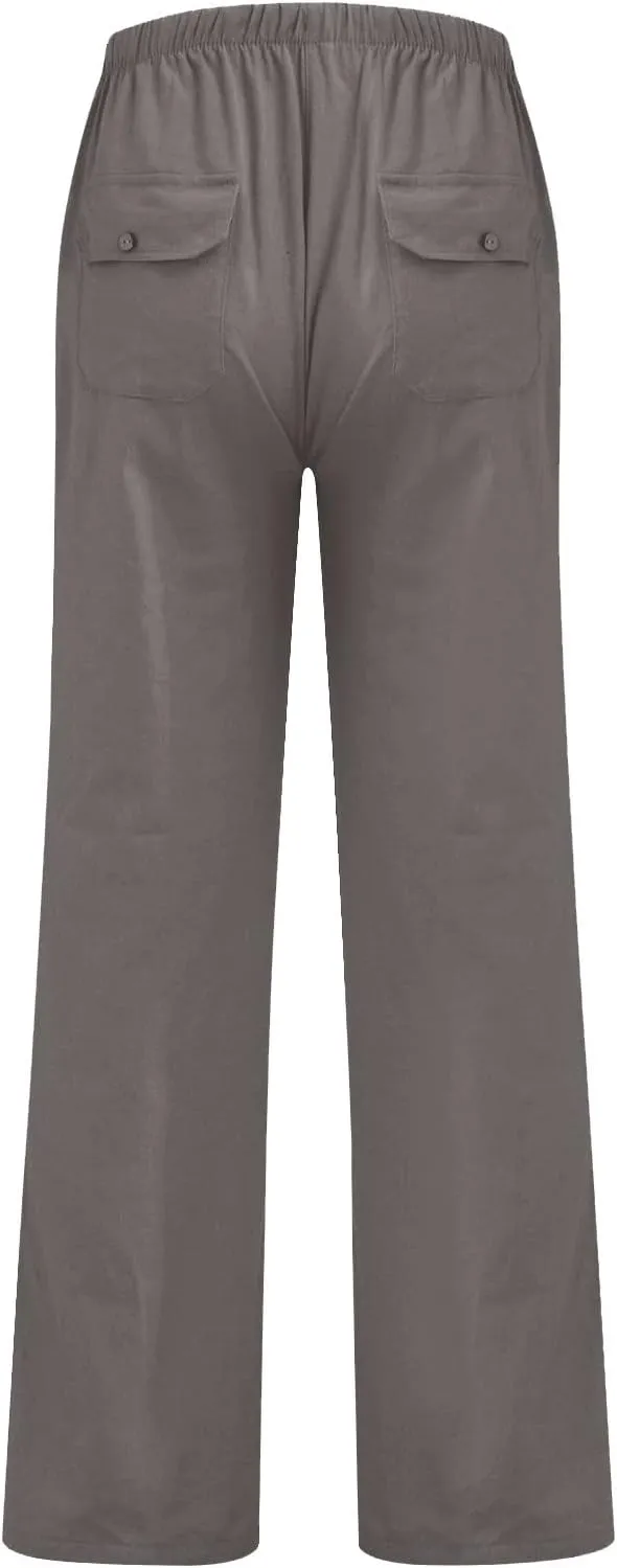 Men's Casual Linen Pants Lightweight Summer Beach Loose Fit Trousers with Pockets