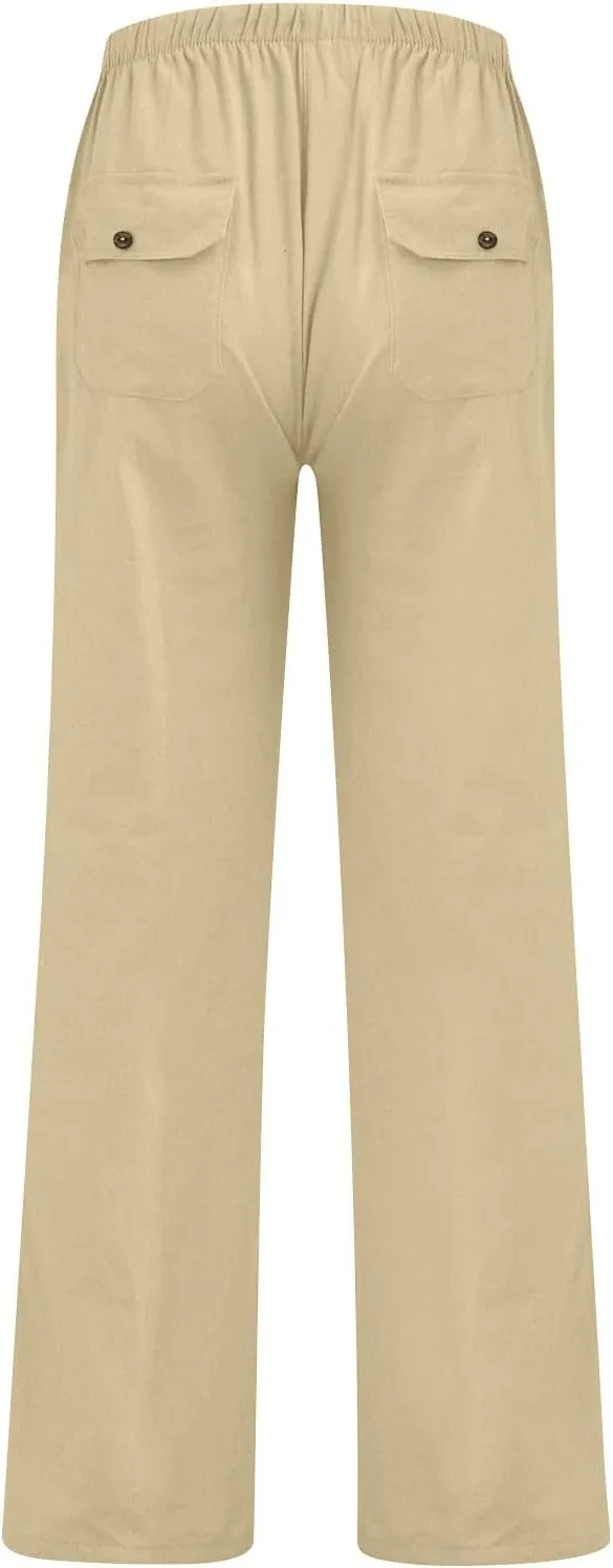 Men's Casual Linen Pants Lightweight Summer Beach Loose Fit Trousers with Pockets