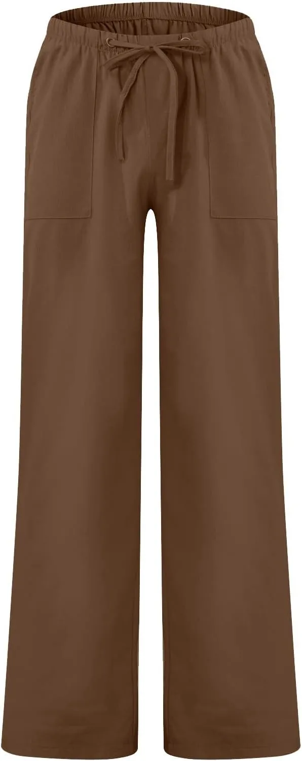 Men's Casual Linen Pants Lightweight Summer Beach Loose Fit Trousers with Pockets