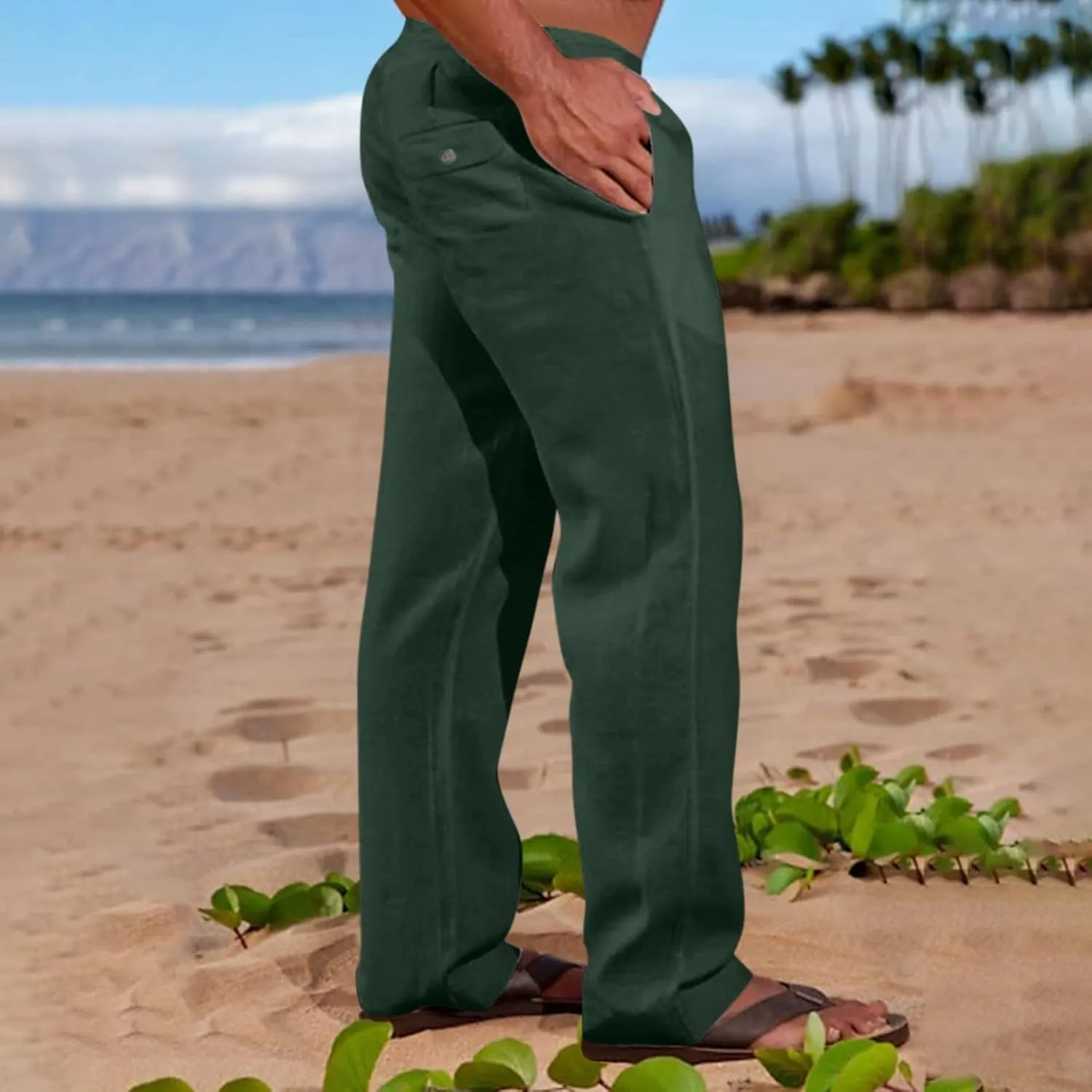 Men's Casual Linen Pants Lightweight Summer Beach Loose Fit Trousers with Pockets