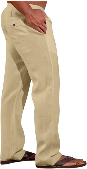 Men's Casual Linen Pants Lightweight Summer Beach Loose Fit Trousers with Pockets