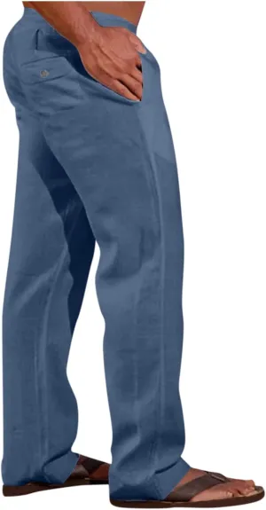 Men's Casual Linen Pants Lightweight Summer Beach Loose Fit Trousers with Pockets