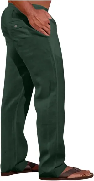 Men's Casual Linen Pants Lightweight Summer Beach Loose Fit Trousers with Pockets