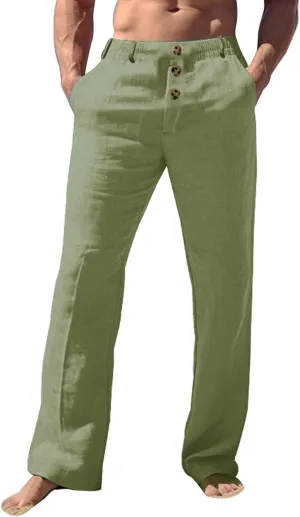 Men's Casual Linen Pants Solid Color Comfortable Breathable Beach Summer Pants Lightweight Linen Trousers