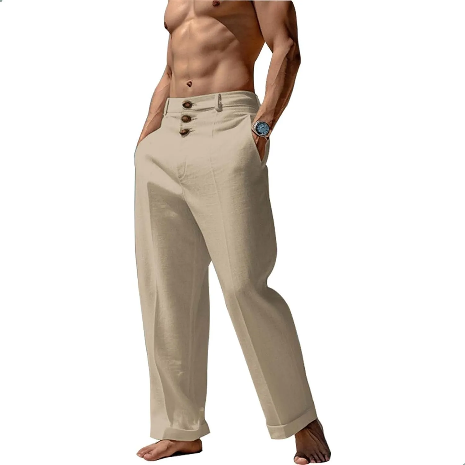 Men's Casual Linen Pants Solid Color Comfortable Breathable Beach Summer Pants Lightweight Linen Trousers