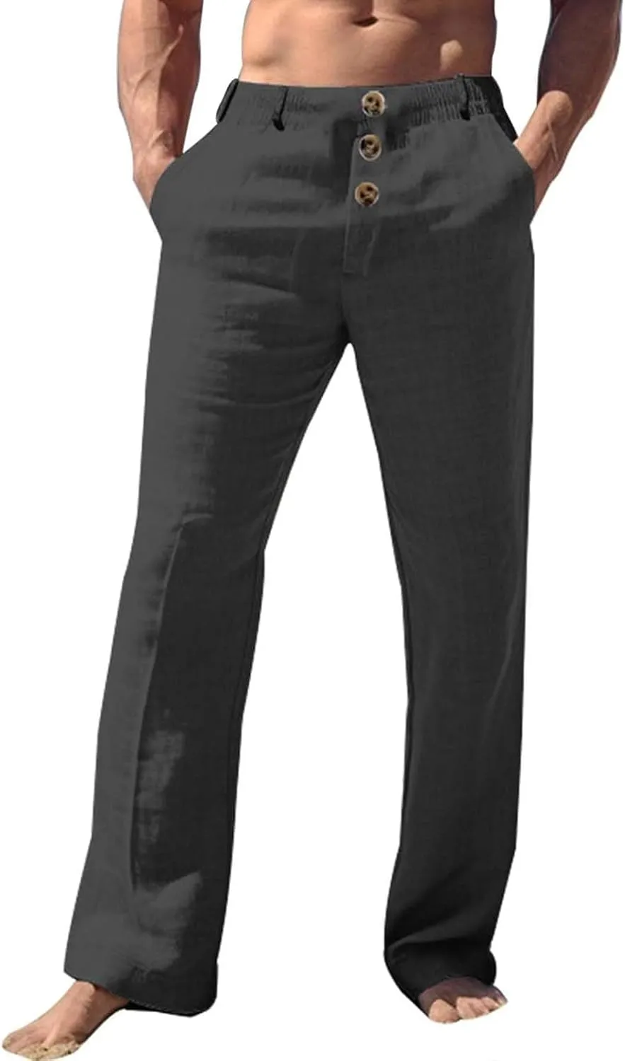 Men's Casual Linen Pants Solid Color Comfortable Breathable Beach Summer Pants Lightweight Linen Trousers