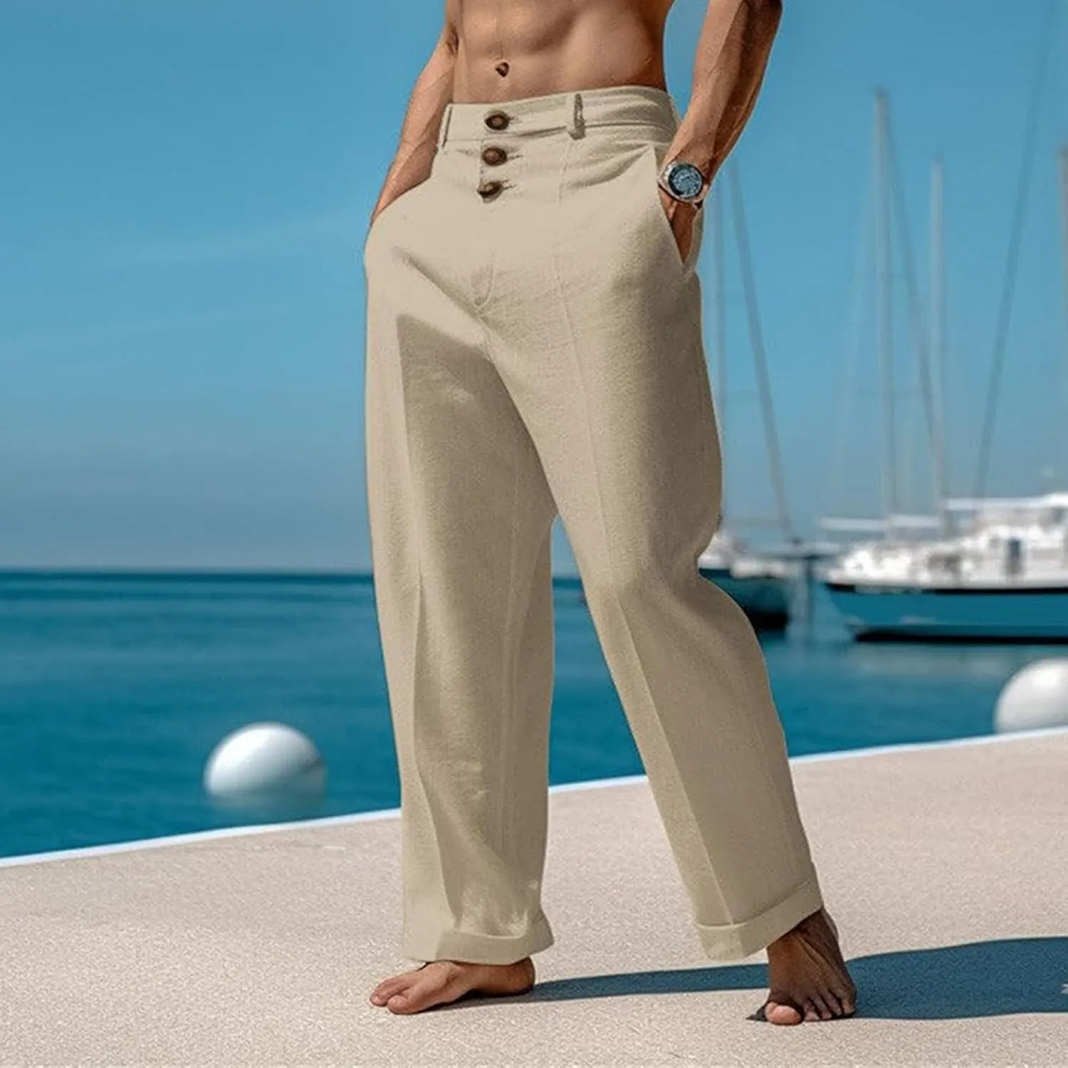 Men's Casual Linen Pants Solid Color Comfortable Breathable Beach Summer Pants Lightweight Linen Trousers