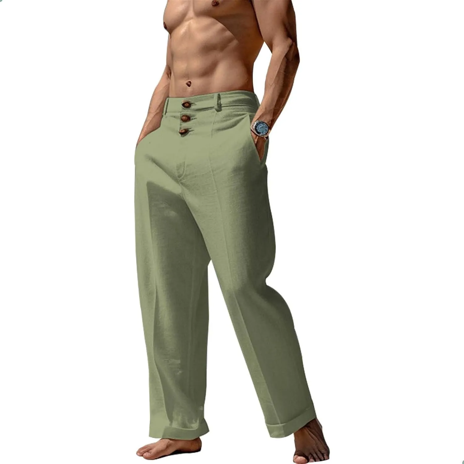 Men's Casual Linen Pants Solid Color Comfortable Breathable Beach Summer Pants Lightweight Linen Trousers