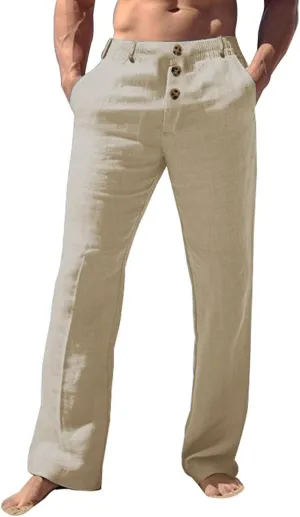 Men's Casual Linen Pants Solid Color Comfortable Breathable Beach Summer Pants Lightweight Linen Trousers