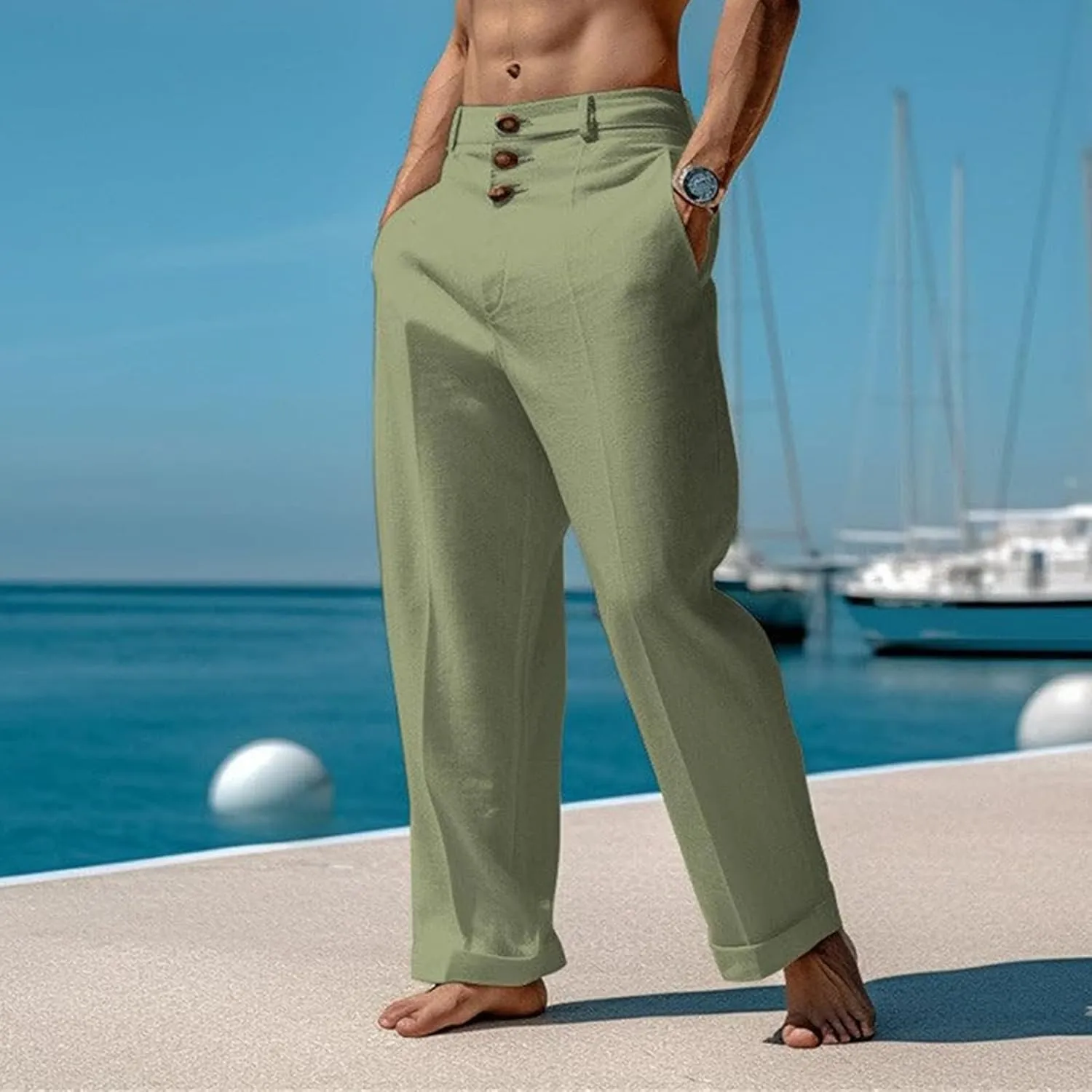 Men's Casual Linen Pants Solid Color Comfortable Breathable Beach Summer Pants Lightweight Linen Trousers