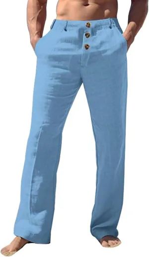 Men's Casual Linen Pants Solid Color Comfortable Breathable Beach Summer Pants Lightweight Linen Trousers