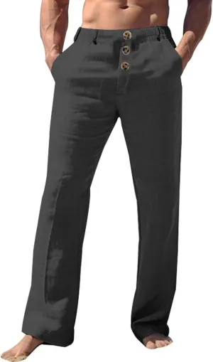 Men's Casual Linen Pants Solid Color Comfortable Breathable Beach Summer Pants Lightweight Linen Trousers