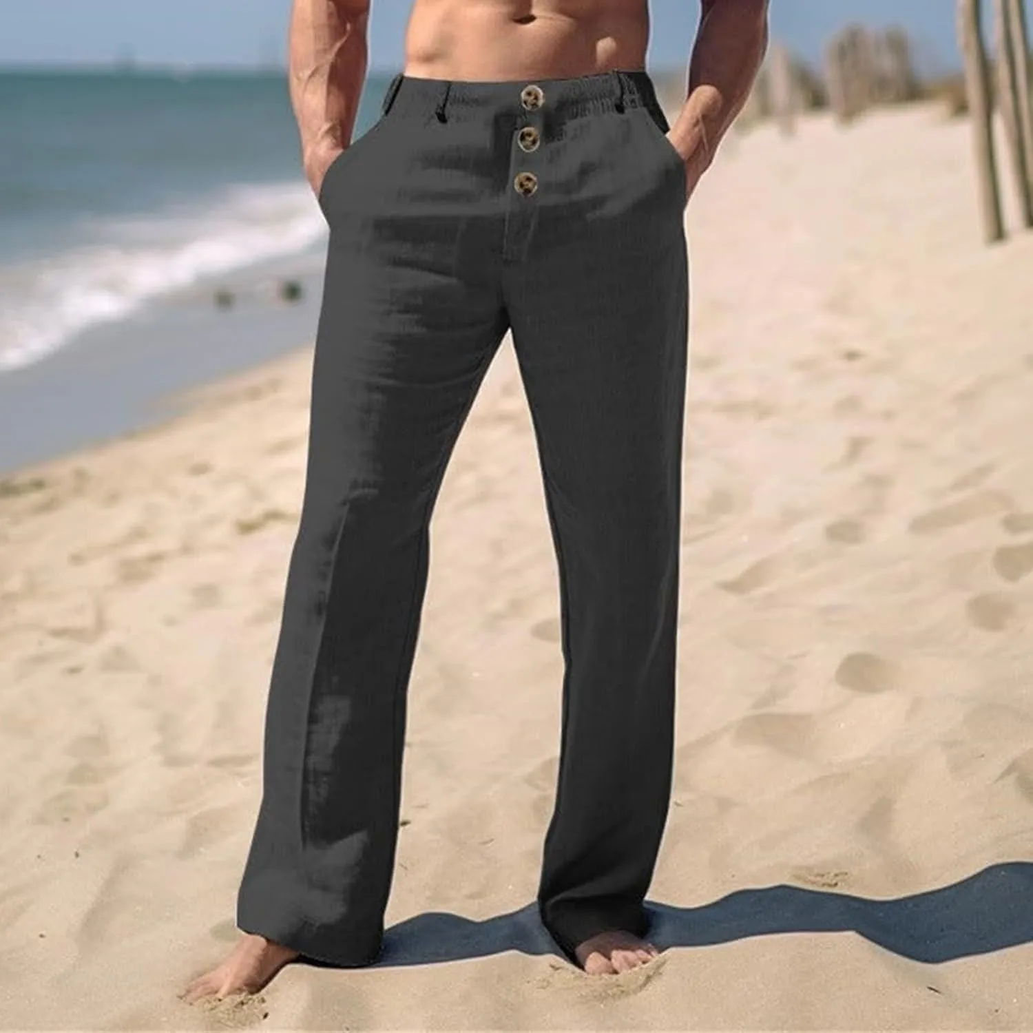 Men's Casual Linen Pants Solid Color Comfortable Breathable Beach Summer Pants Lightweight Linen Trousers