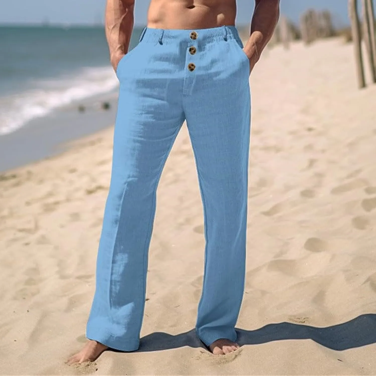 Men's Casual Linen Pants Solid Color Comfortable Breathable Beach Summer Pants Lightweight Linen Trousers