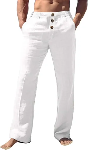 Men's Casual Linen Pants Solid Color Comfortable Breathable Beach Summer Pants Lightweight Linen Trousers
