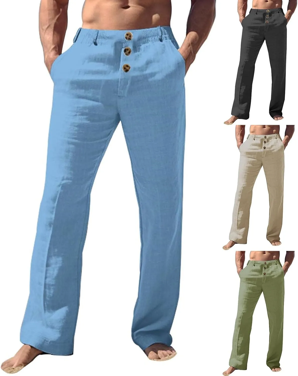 Men's Casual Linen Pants Solid Color Comfortable Breathable Beach Summer Pants Lightweight Linen Trousers