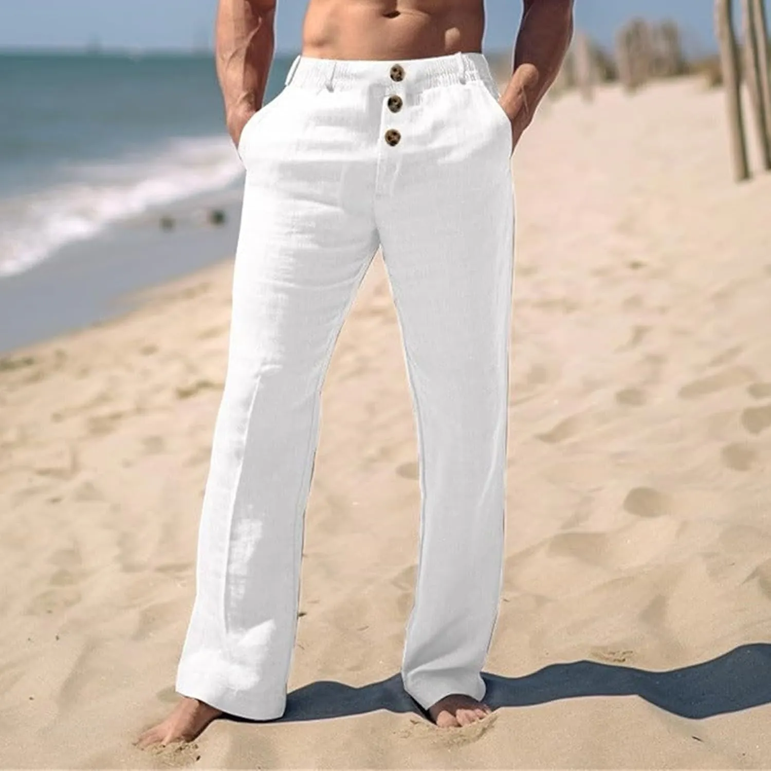 Men's Casual Linen Pants Solid Color Comfortable Breathable Beach Summer Pants Lightweight Linen Trousers