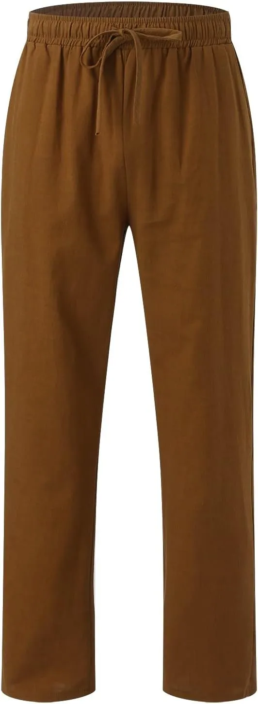 Men's Casual Pants Beach Summer Elastic Waist Drawstring Pants Lightweight Breathable Straight Leg Long Trousers