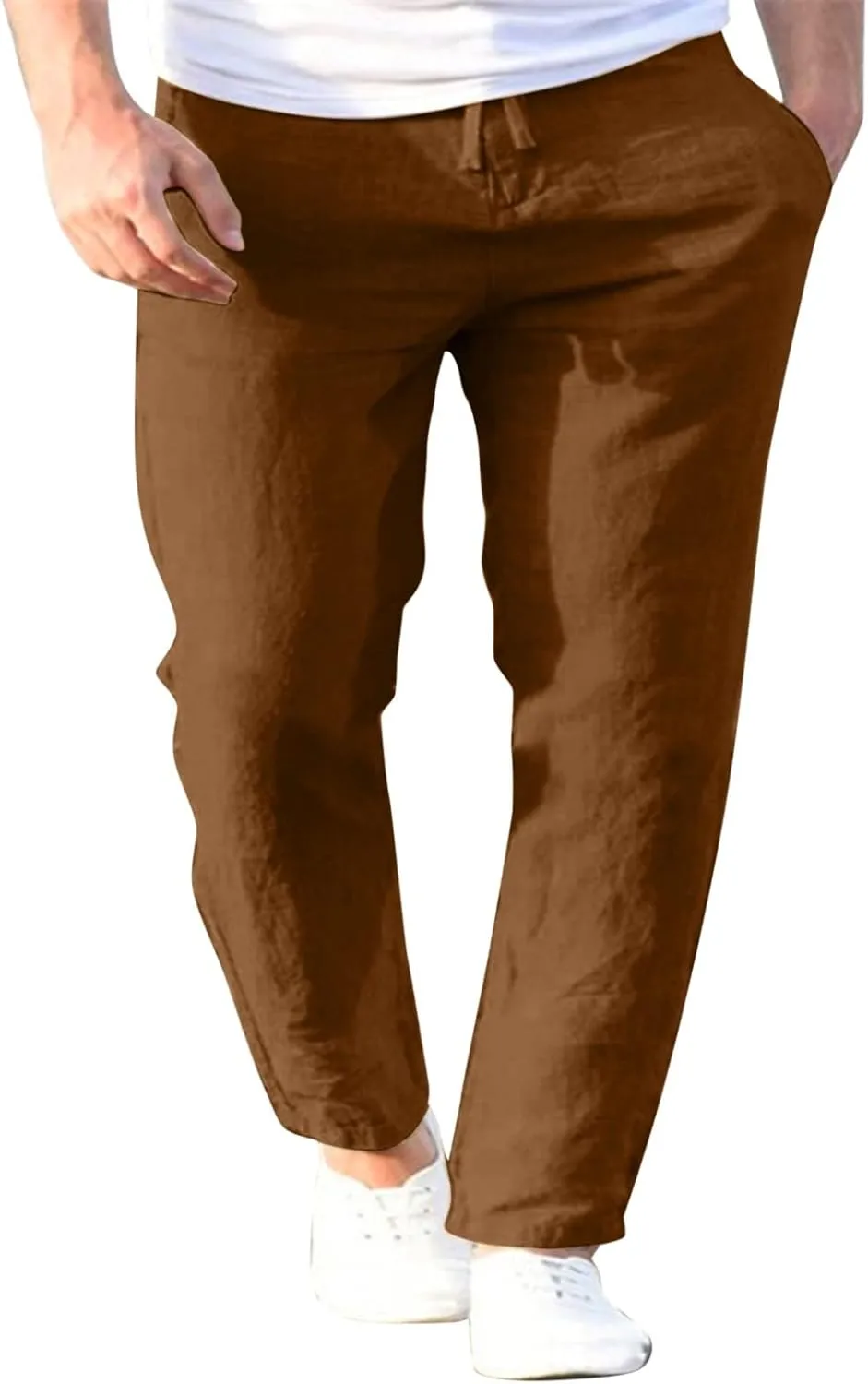 Men's Casual Pants Beach Summer Elastic Waist Drawstring Pants Lightweight Breathable Straight Leg Long Trousers