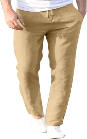 Men's Casual Pants Beach Summer Elastic Waist Drawstring Pants Lightweight Breathable Straight Leg Long Trousers