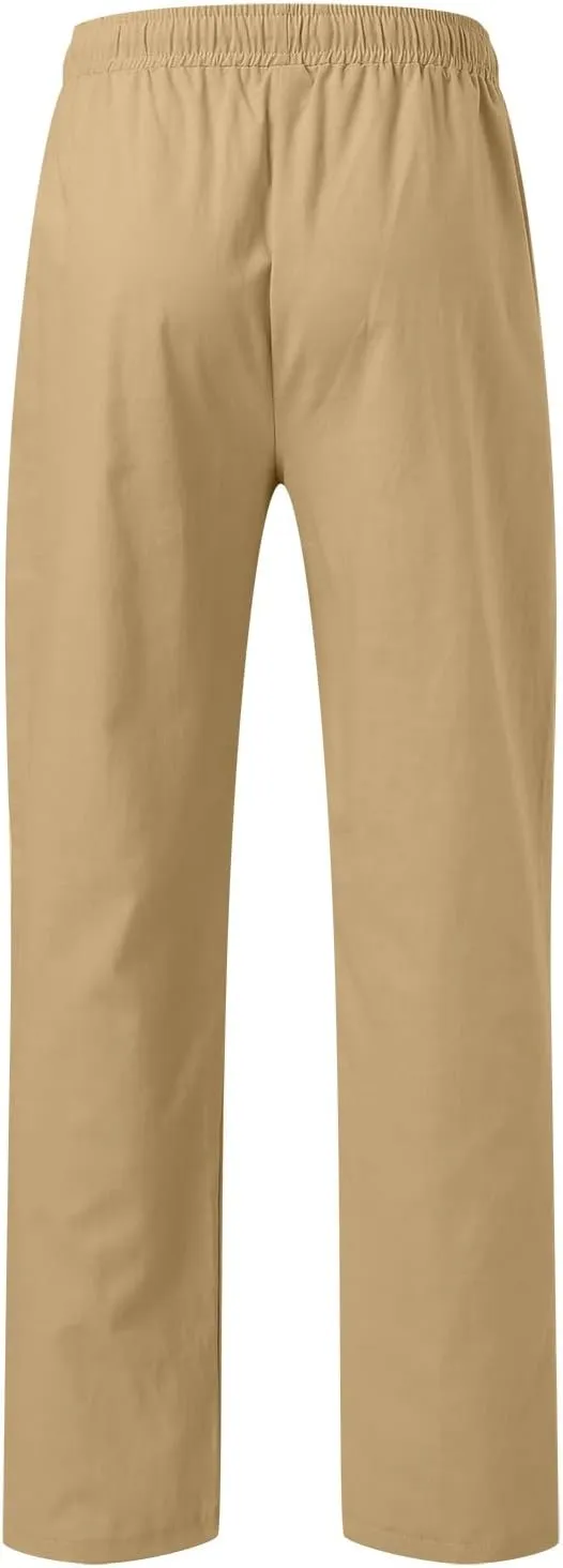 Men's Casual Pants Beach Summer Elastic Waist Drawstring Pants Lightweight Breathable Straight Leg Long Trousers