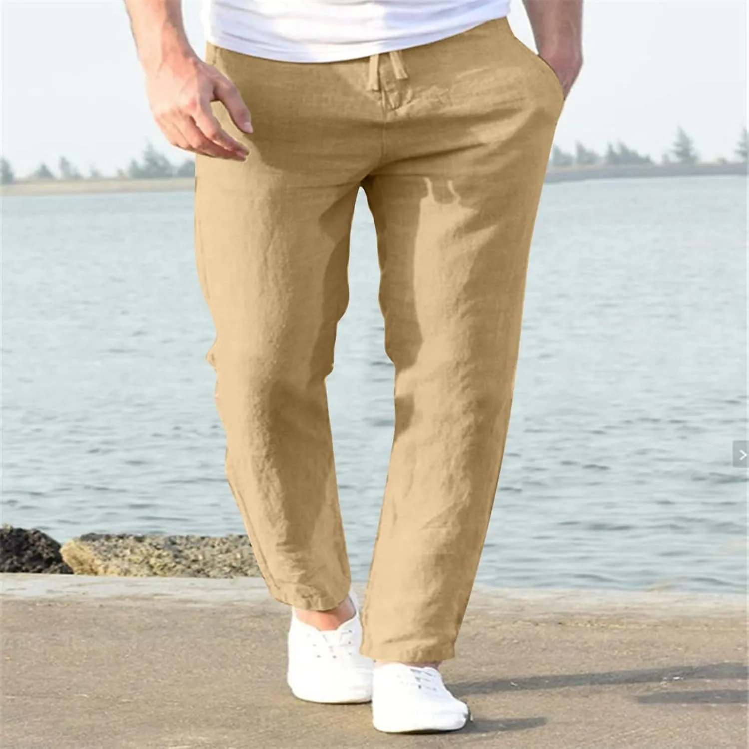 Men's Casual Pants Beach Summer Elastic Waist Drawstring Pants Lightweight Breathable Straight Leg Long Trousers