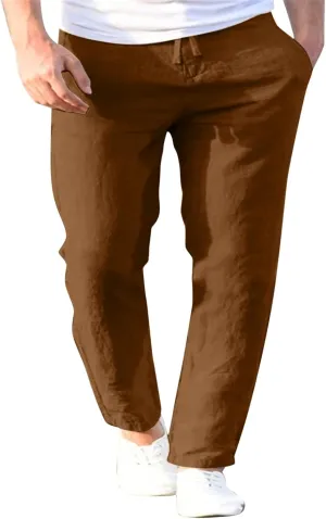 Men's Casual Pants Beach Summer Elastic Waist Drawstring Pants Lightweight Breathable Straight Leg Long Trousers