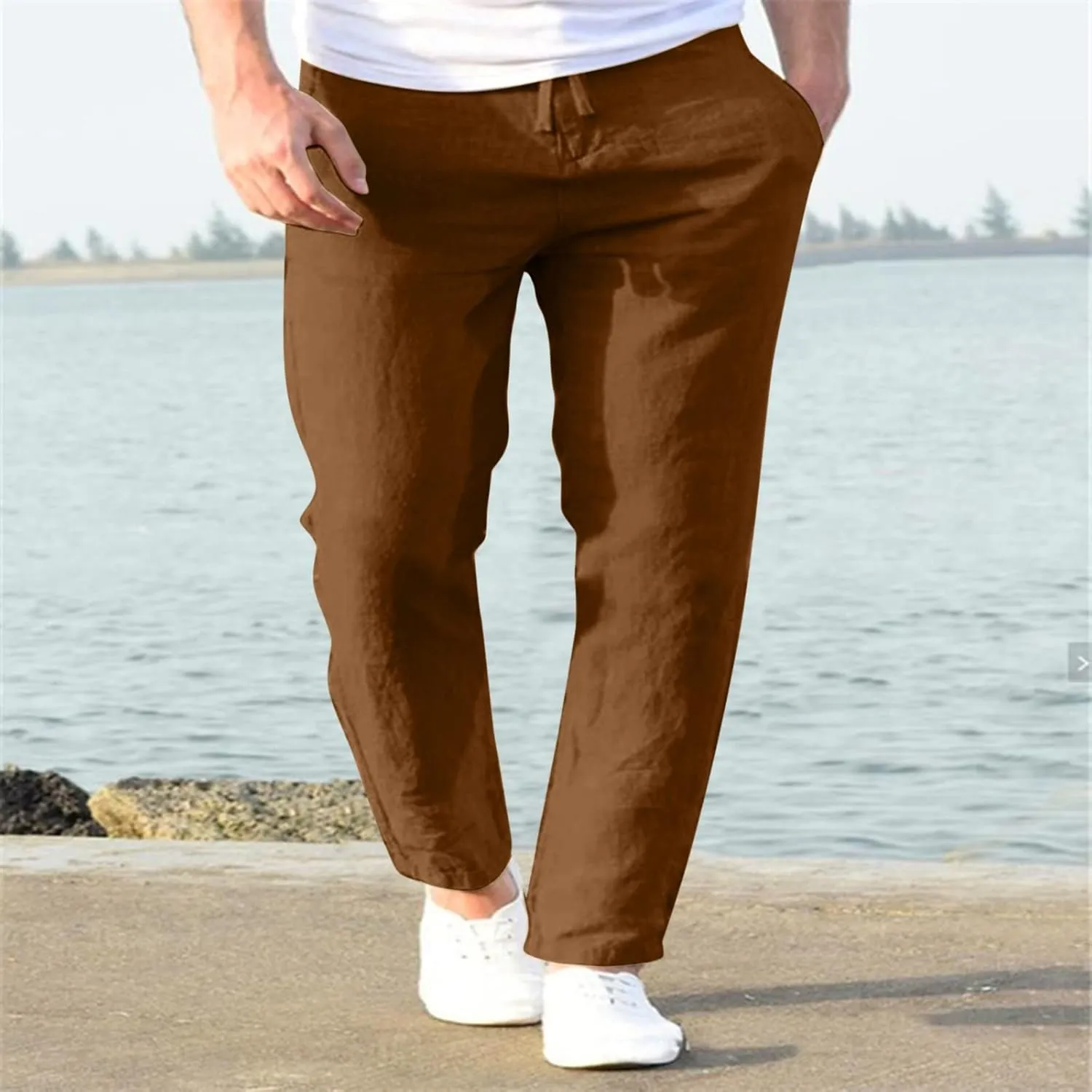 Men's Casual Pants Beach Summer Elastic Waist Drawstring Pants Lightweight Breathable Straight Leg Long Trousers