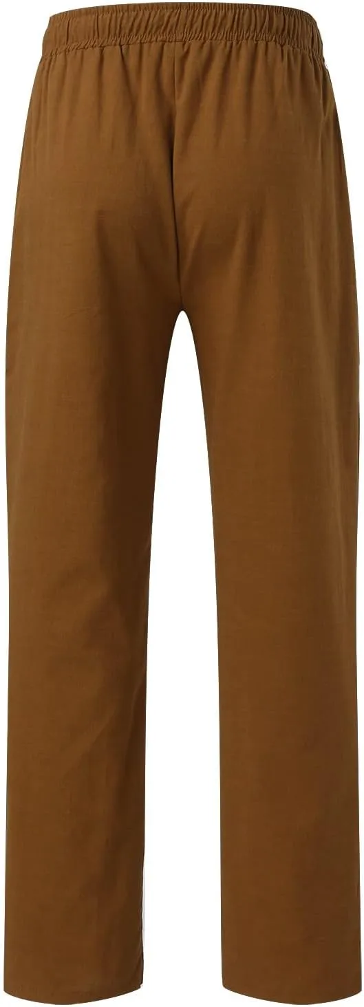 Men's Casual Pants Beach Summer Elastic Waist Drawstring Pants Lightweight Breathable Straight Leg Long Trousers