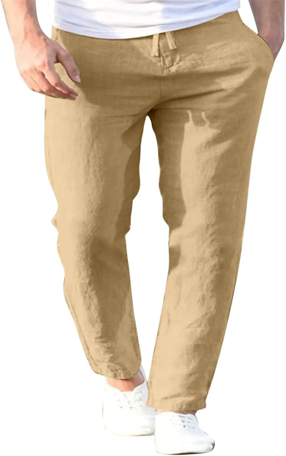 Men's Casual Pants Beach Summer Elastic Waist Drawstring Pants Lightweight Breathable Straight Leg Long Trousers