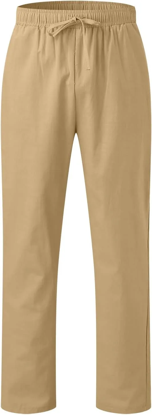 Men's Casual Pants Beach Summer Elastic Waist Drawstring Pants Lightweight Breathable Straight Leg Long Trousers
