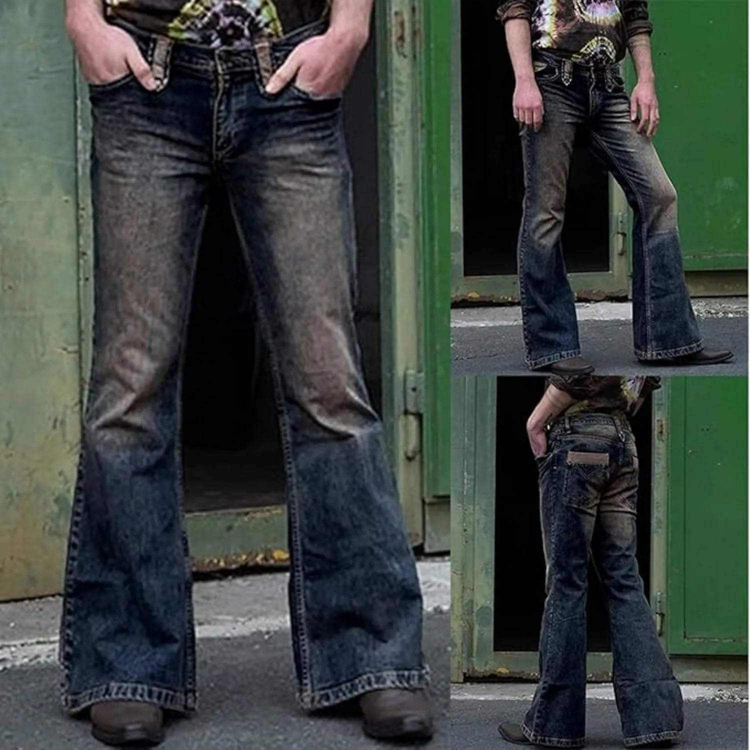 Men's Classic Disco Retro Flared Denim Pants Vintage Relaxed Bell Bottom Jeans 60s 70s Stretch Jean Trousers