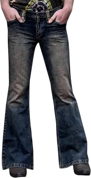 Men's Classic Disco Retro Flared Denim Pants Vintage Relaxed Bell Bottom Jeans 60s 70s Stretch Jean Trousers
