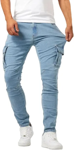 Men's Denim Jeans Mid Waist Stretch Jeans Skinny Distressed Pants Slim Fit Straight Leg Athletic Pants with Pockets