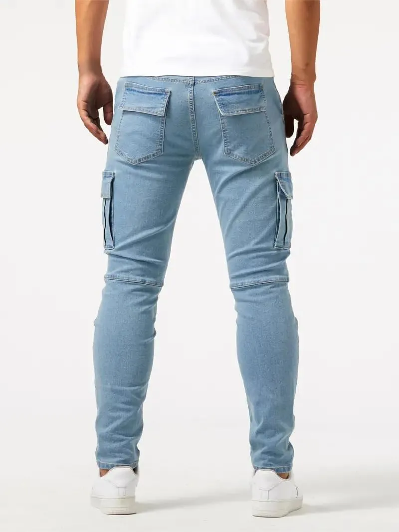 Men's Denim Jeans Mid Waist Stretch Jeans Skinny Distressed Pants Slim Fit Straight Leg Athletic Pants with Pockets
