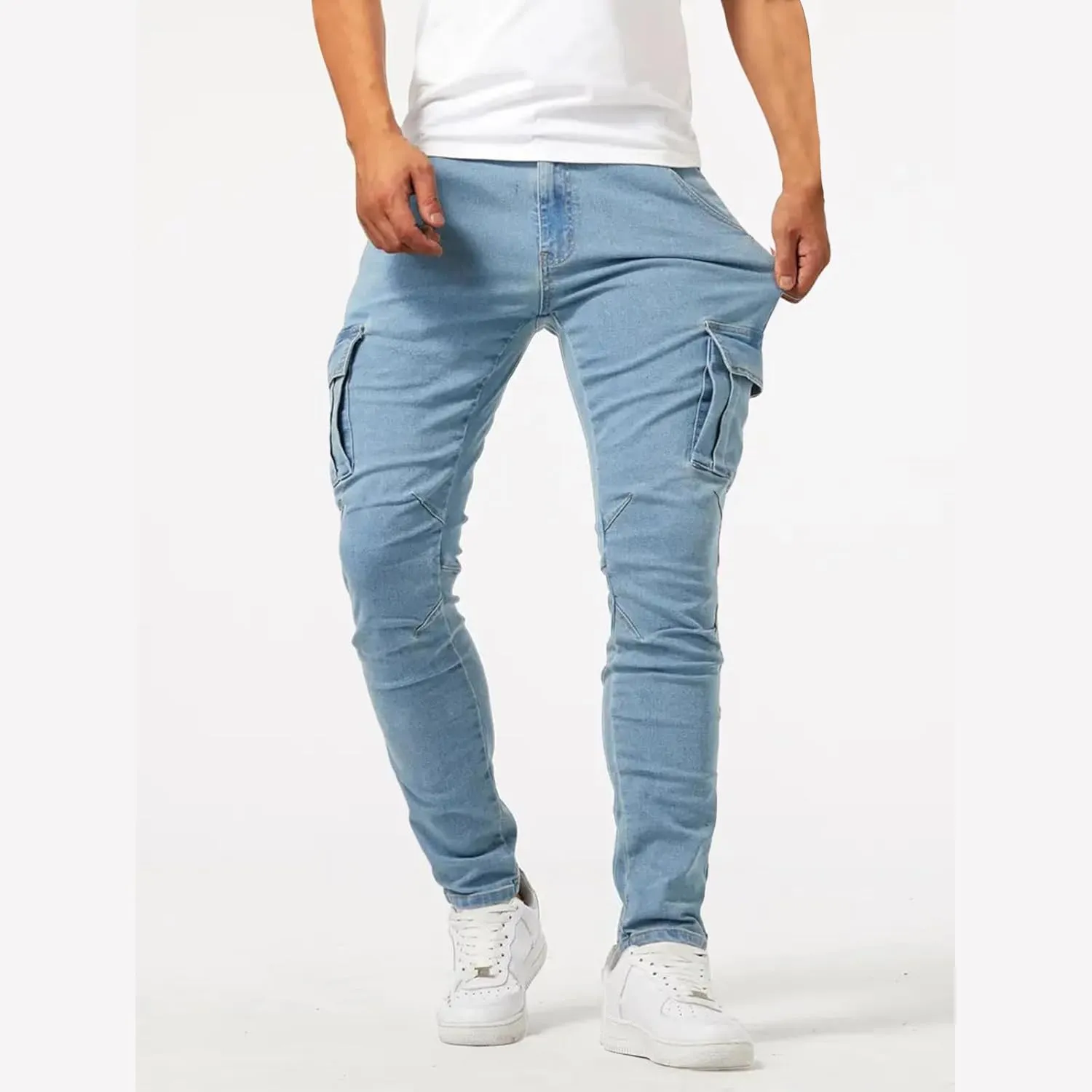 Men's Denim Jeans Mid Waist Stretch Jeans Skinny Distressed Pants Slim Fit Straight Leg Athletic Pants with Pockets